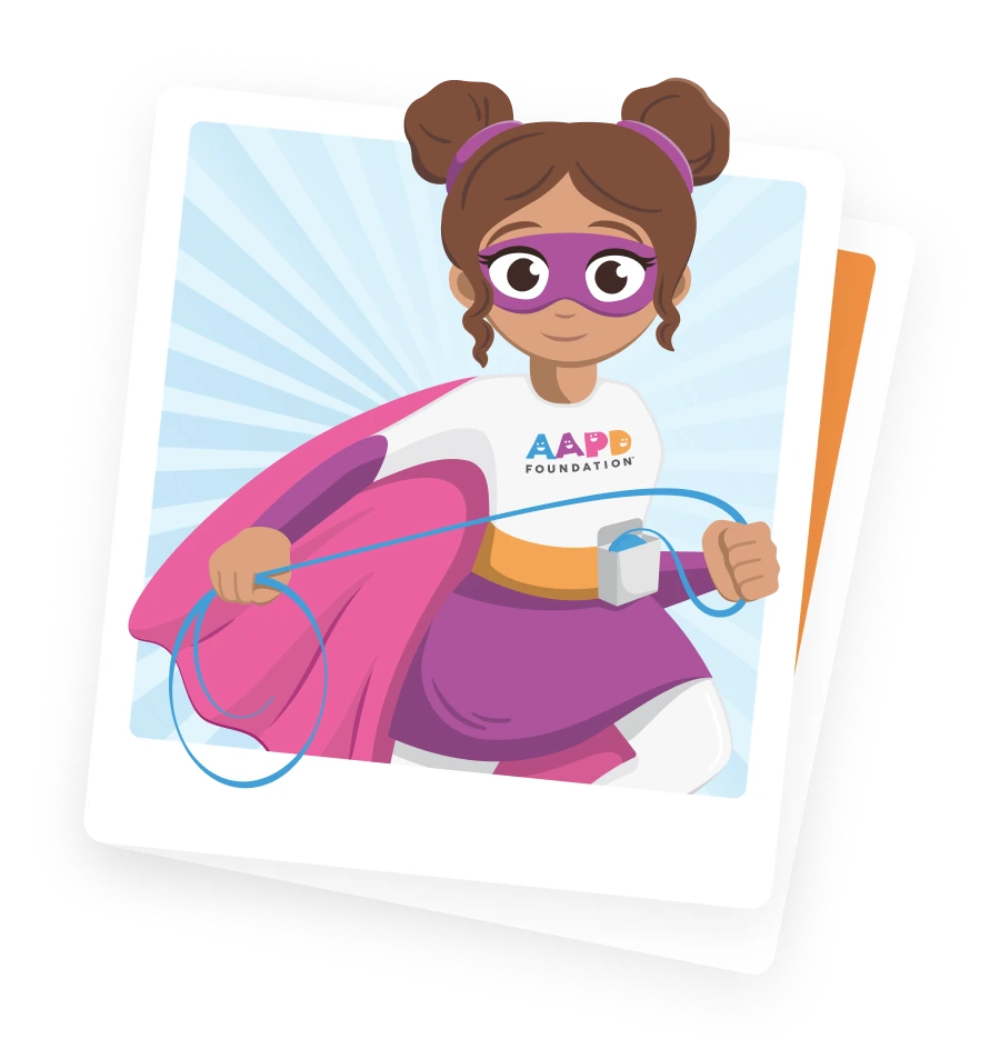 An illustration of our Healthy Smile Hero, wearing a pink cape, purple mask and skirt, and holding a dental floss lasso.